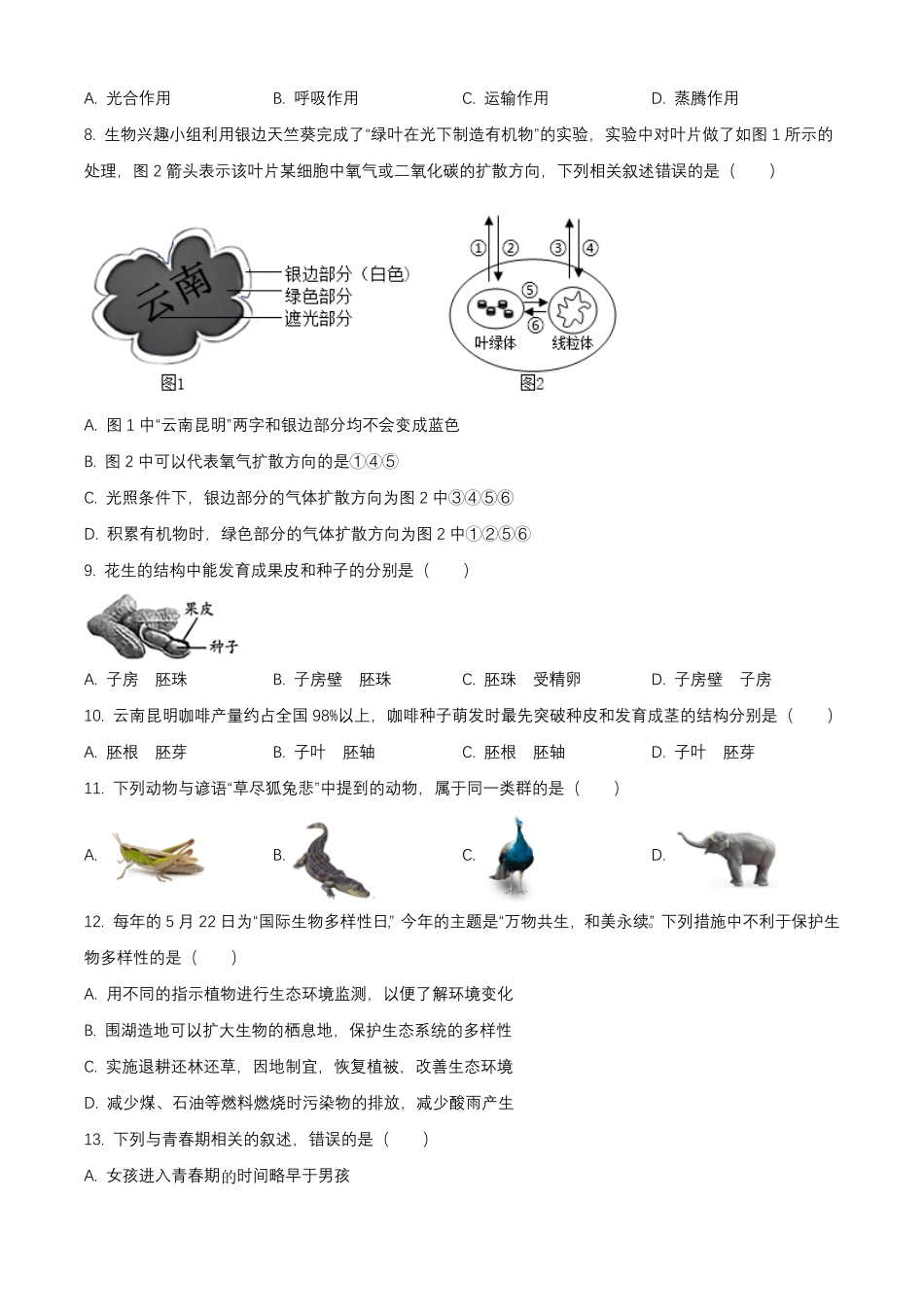 2025年云南昆明中考生物试题及答案.pdf_第2页