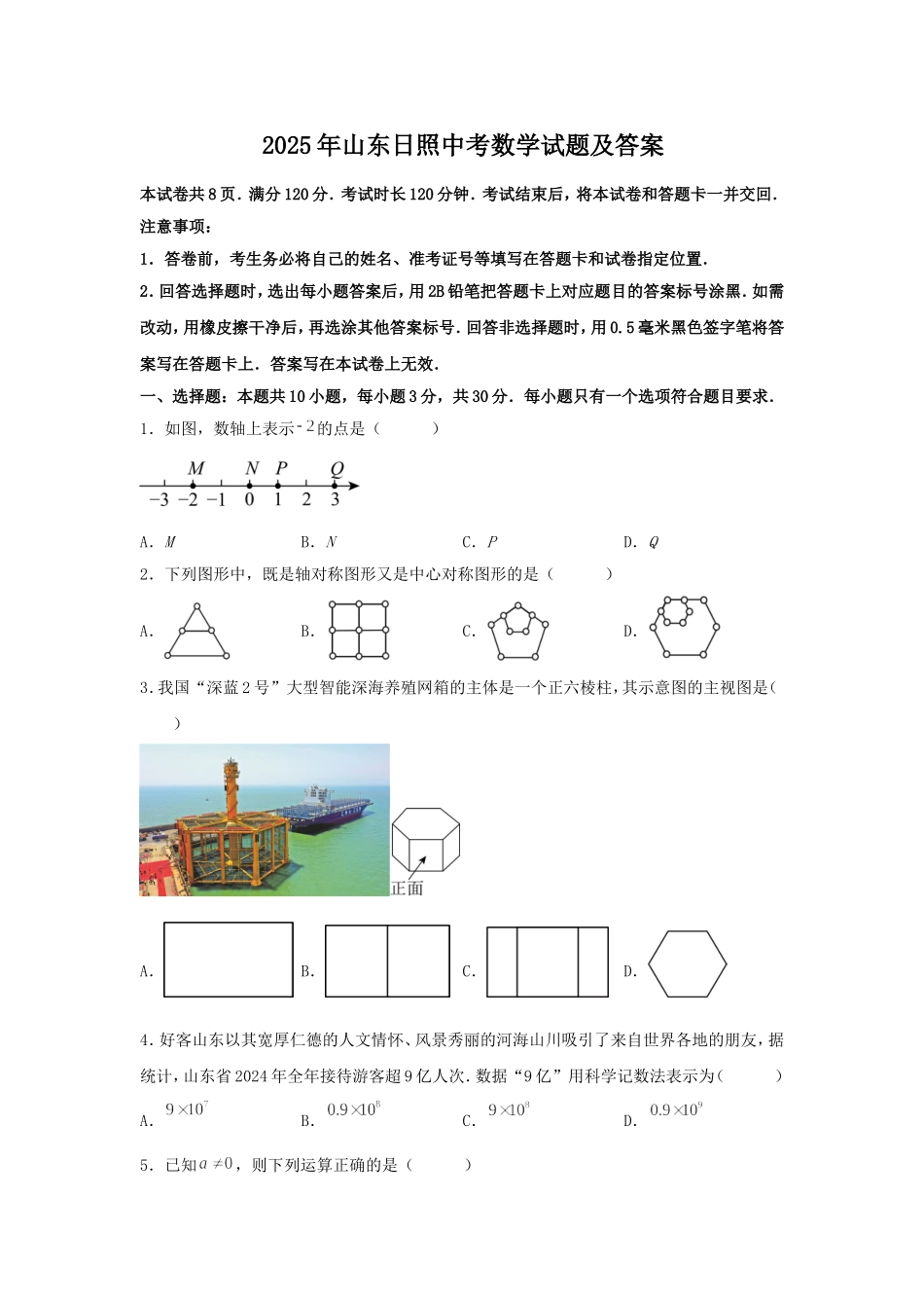 2025年山东日照中考数学试题及答案.doc_第1页