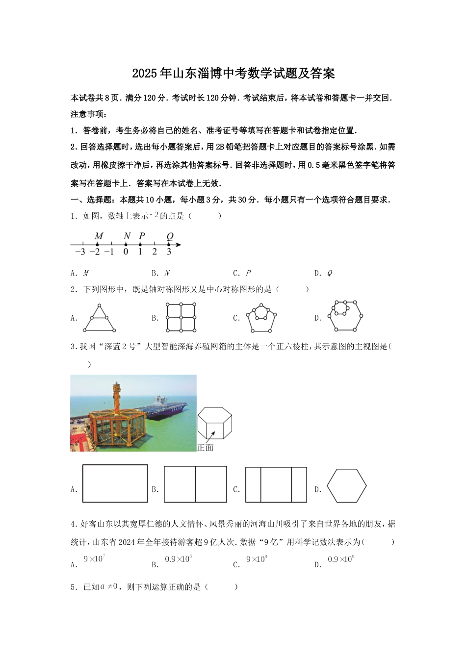2025年山东淄博中考数学试题及答案.doc_第1页