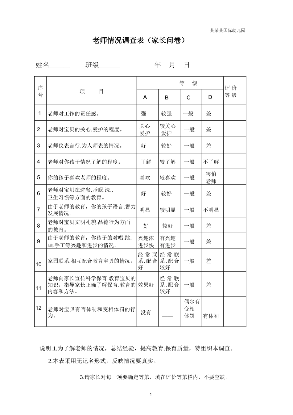幼儿园常用表格-教师情况调查表家长问卷附-日常工作管理及绩效考核细则.doc_第1页