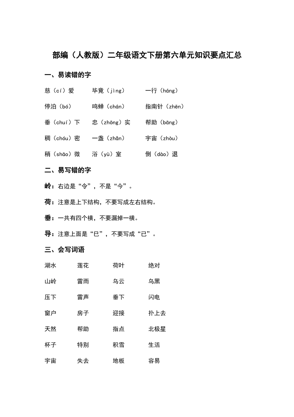 部编人教版二年级语文下册第六单元知识要点汇总.docx_第1页