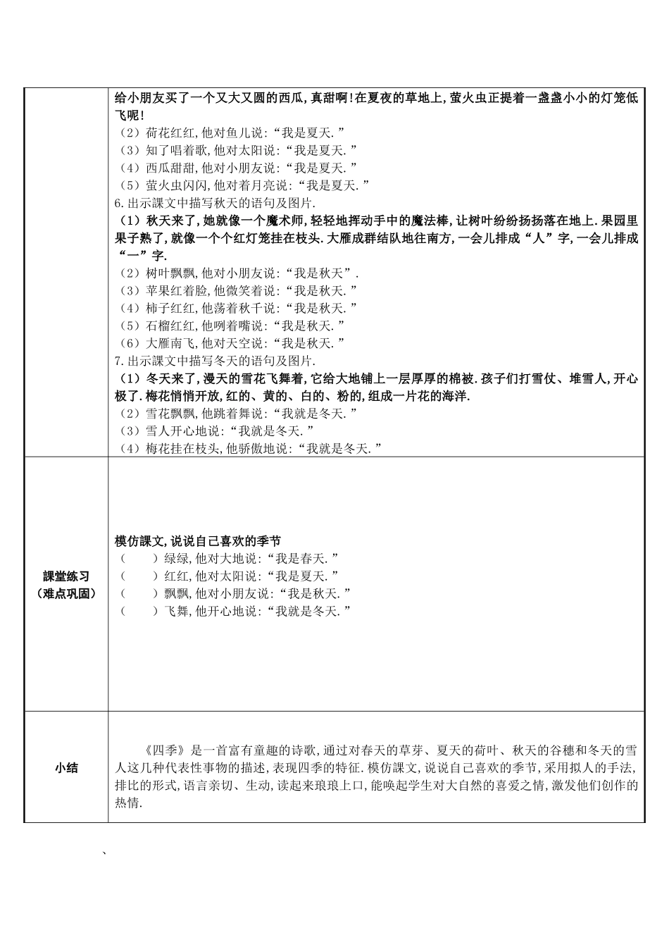 人教版（部编版小学语文一年级上册四季——模仿课文，说说自己喜欢的季节教学设计教案.docx_第2页