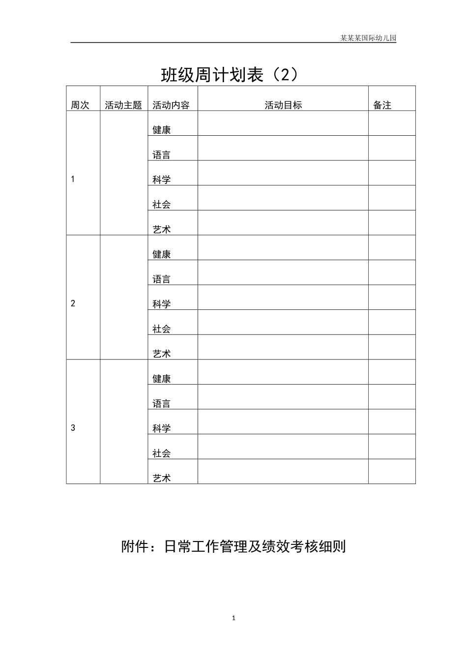 幼儿园常用表格-班级周计划表2附-日常工作管理及绩效考核细则.docx_第1页