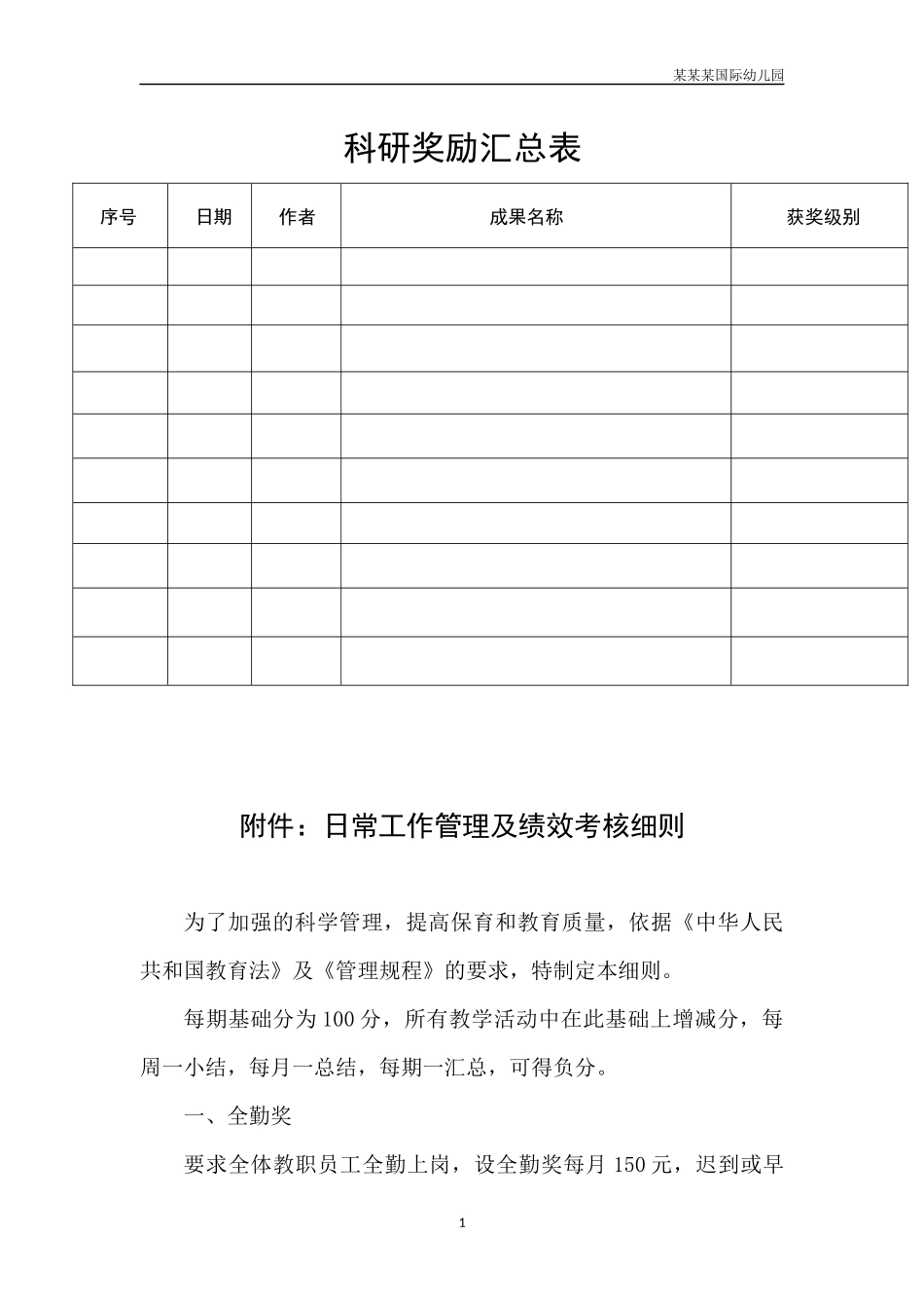 幼儿园常用表格-科研奖励汇总表附-日常工作管理及绩效考核细则.docx_第1页