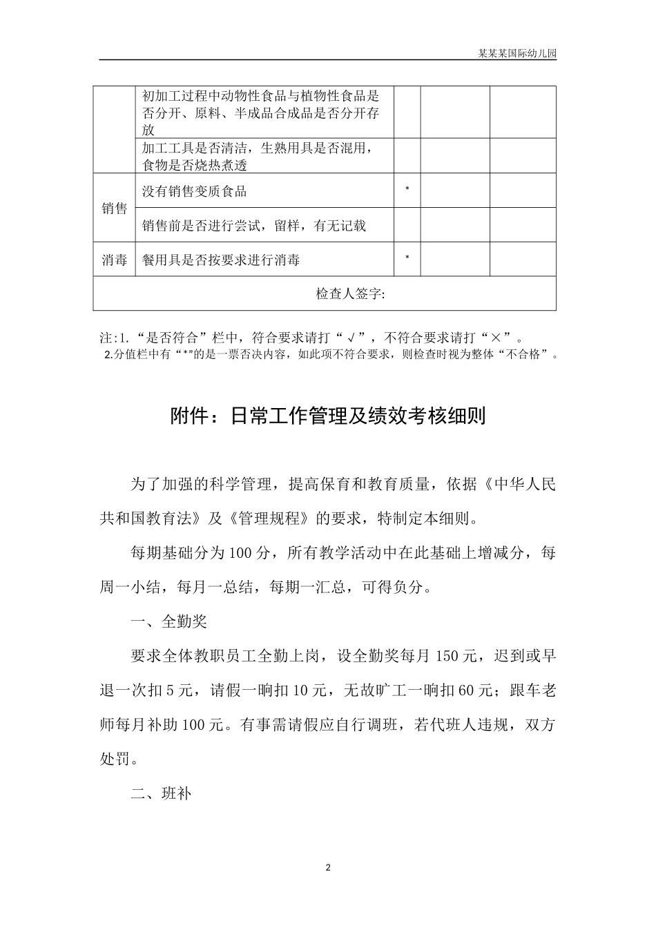 幼儿园常用表格-食品卫生检查表附-日常工作管理及绩效考核细则.docx_第2页