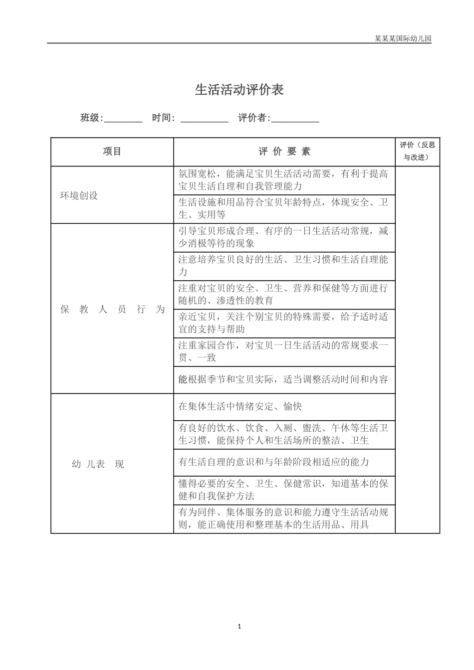 幼儿园常用表格-幼儿园生活活动评价表附-日常工作管理及绩效考核细则.docx_第1页