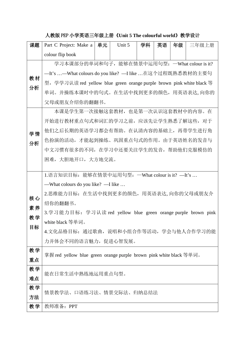 英语人教PEP版24新版本三年级上册Unit5ThecolourfulworldPart7教学教案.docx_第1页