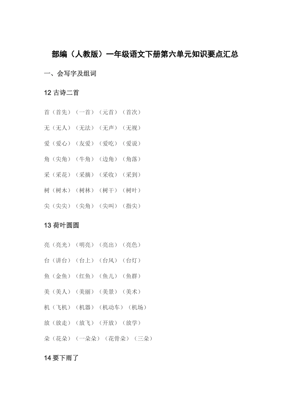 部编人教版一年级语文下册第六单元知识要点汇总.docx_第1页