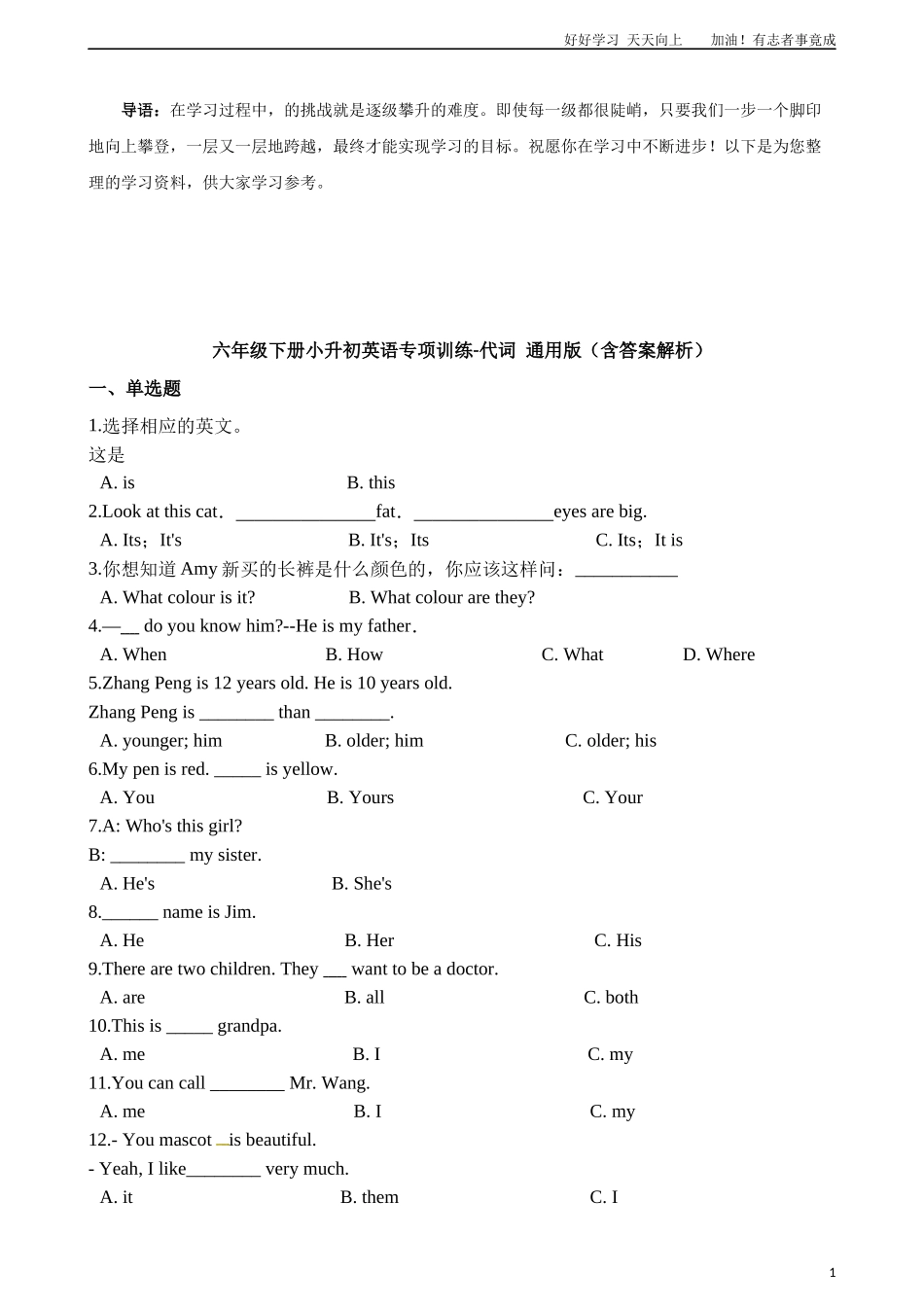 六年级下册英语试题-小升初英语专项训练代词版含答案解析.docx_第1页