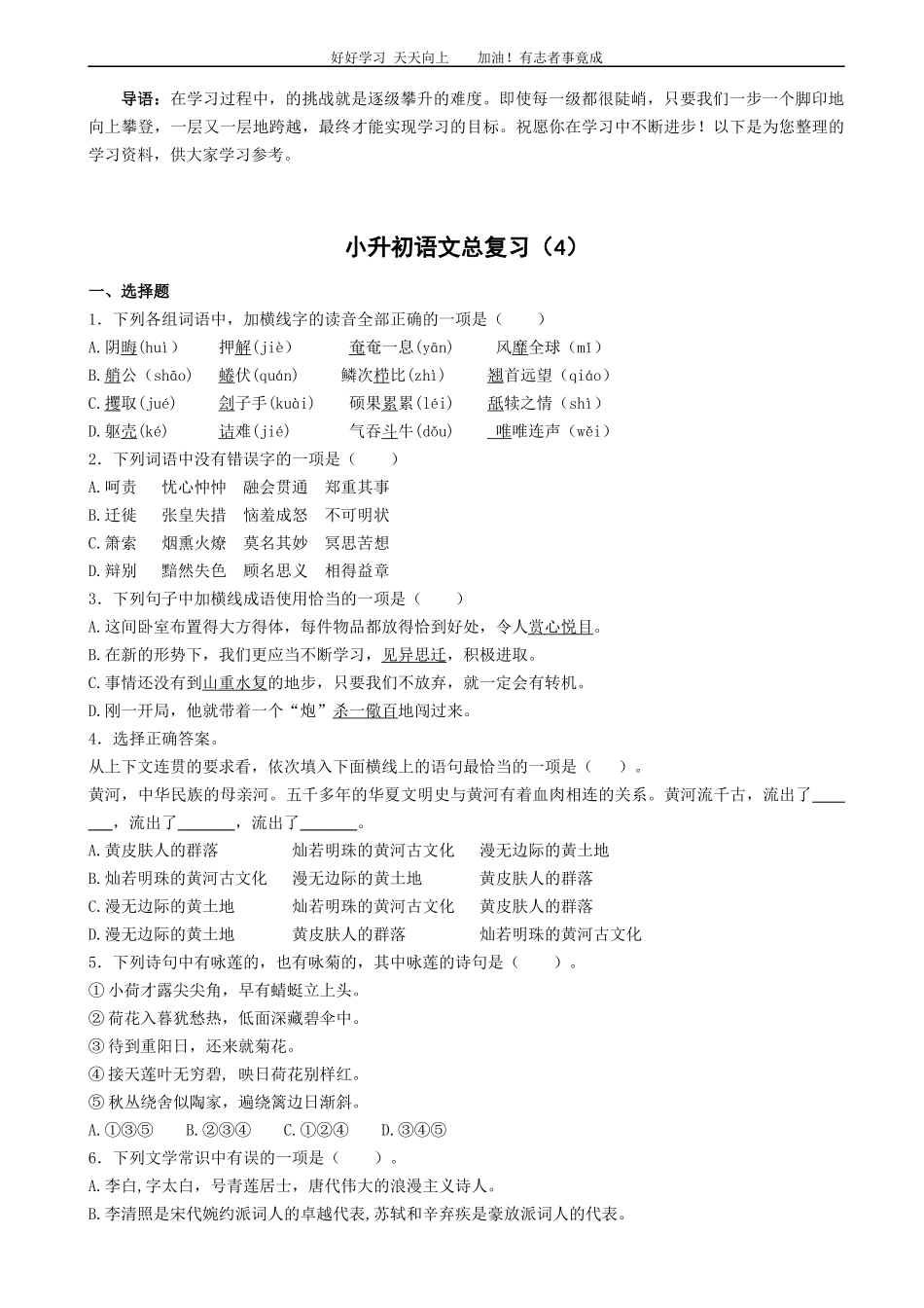 语文小升初知识专项训练复习试卷有答案word版，28页.docx_第1页
