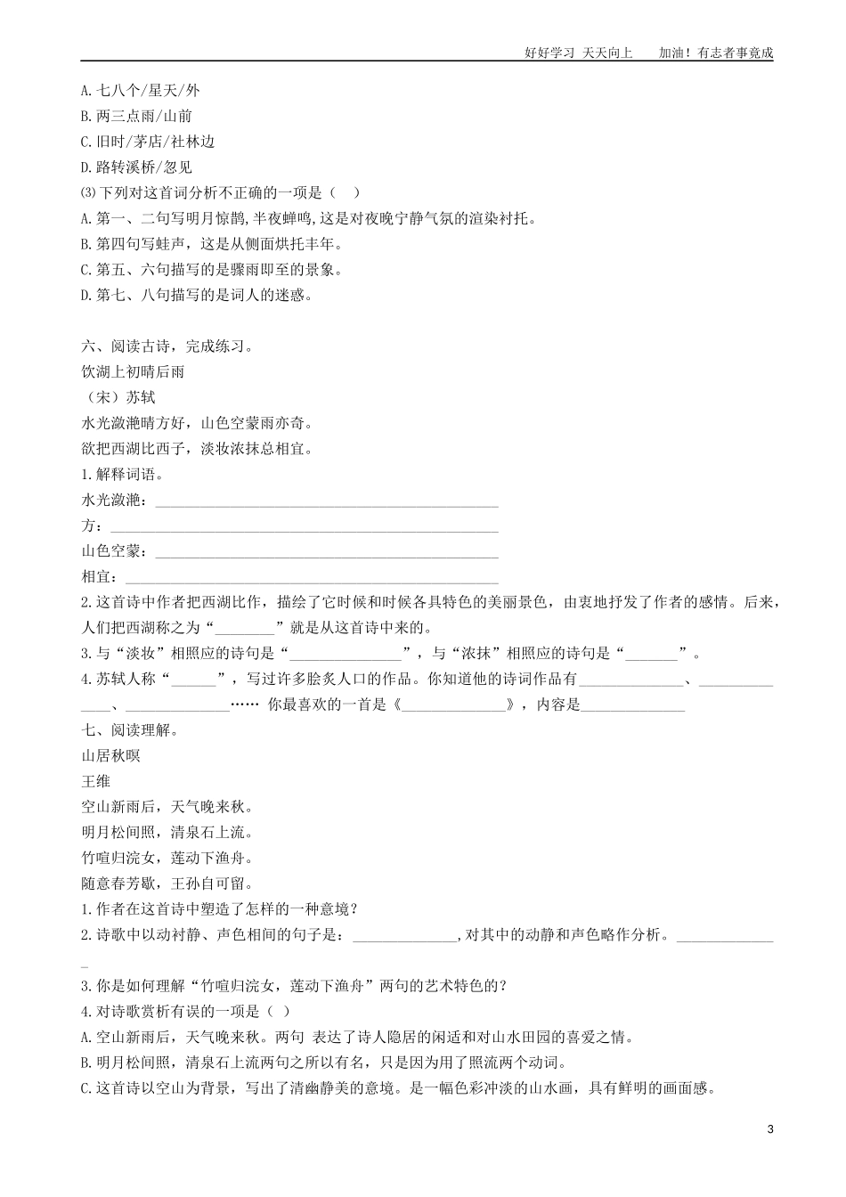 小升初语文专项训练：诗词的阅读基础题有答案word版，29页.docx_第3页