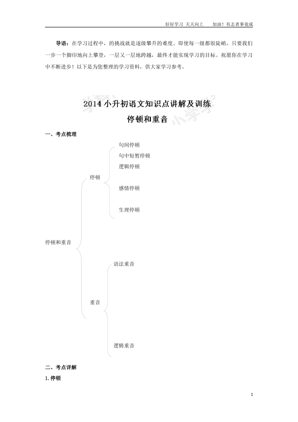 小升初语文知识点讲解及训练——停顿和重音.docx_第1页