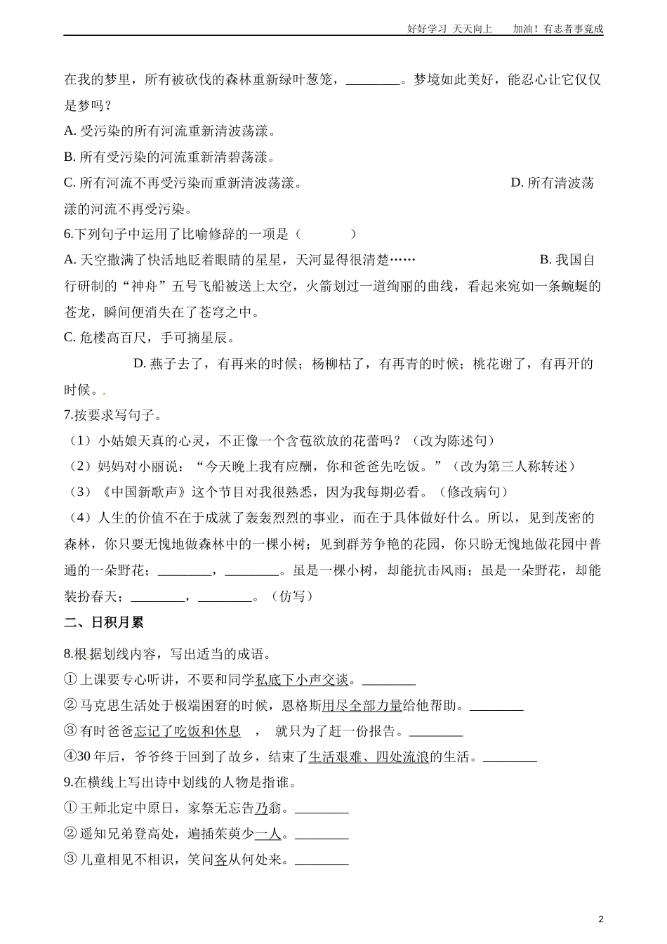 小升初语文模拟试卷五含解析.docx_第2页