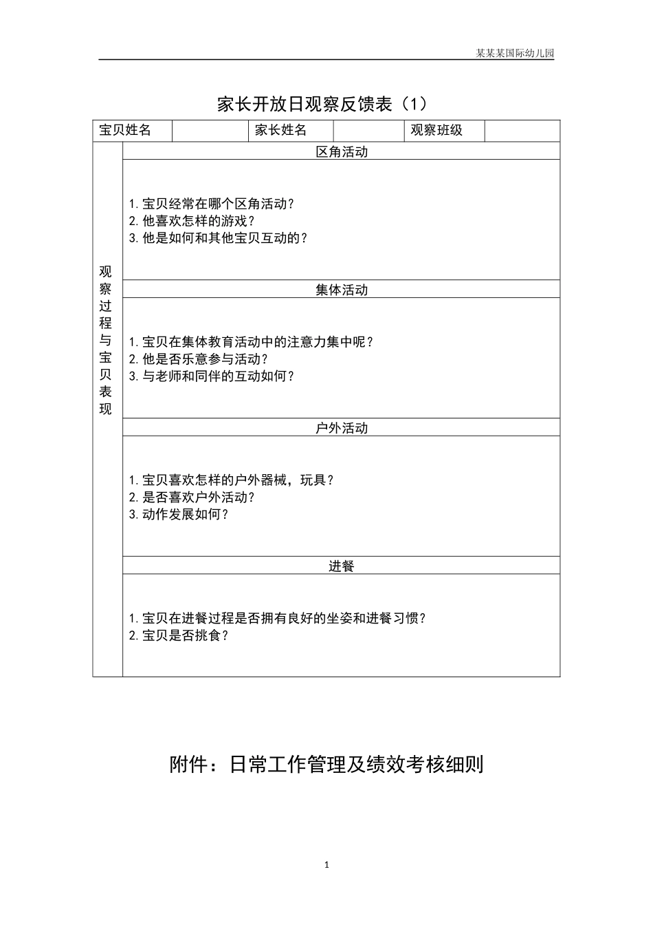 幼儿园常用表格-家长开放日观察反馈表1附-日常工作管理及绩效考核细则.docx_第1页