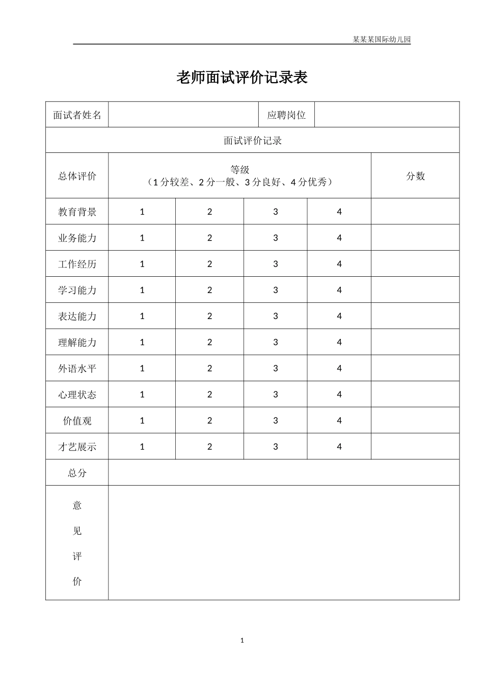 幼儿园常用表格-教师面试评价记录表附-日常工作管理及绩效考核细则.docx_第1页