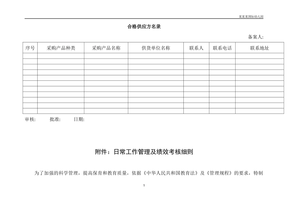 幼儿园常用表格-合格供应方名录附-日常工作管理及绩效考核细则.docx_第1页