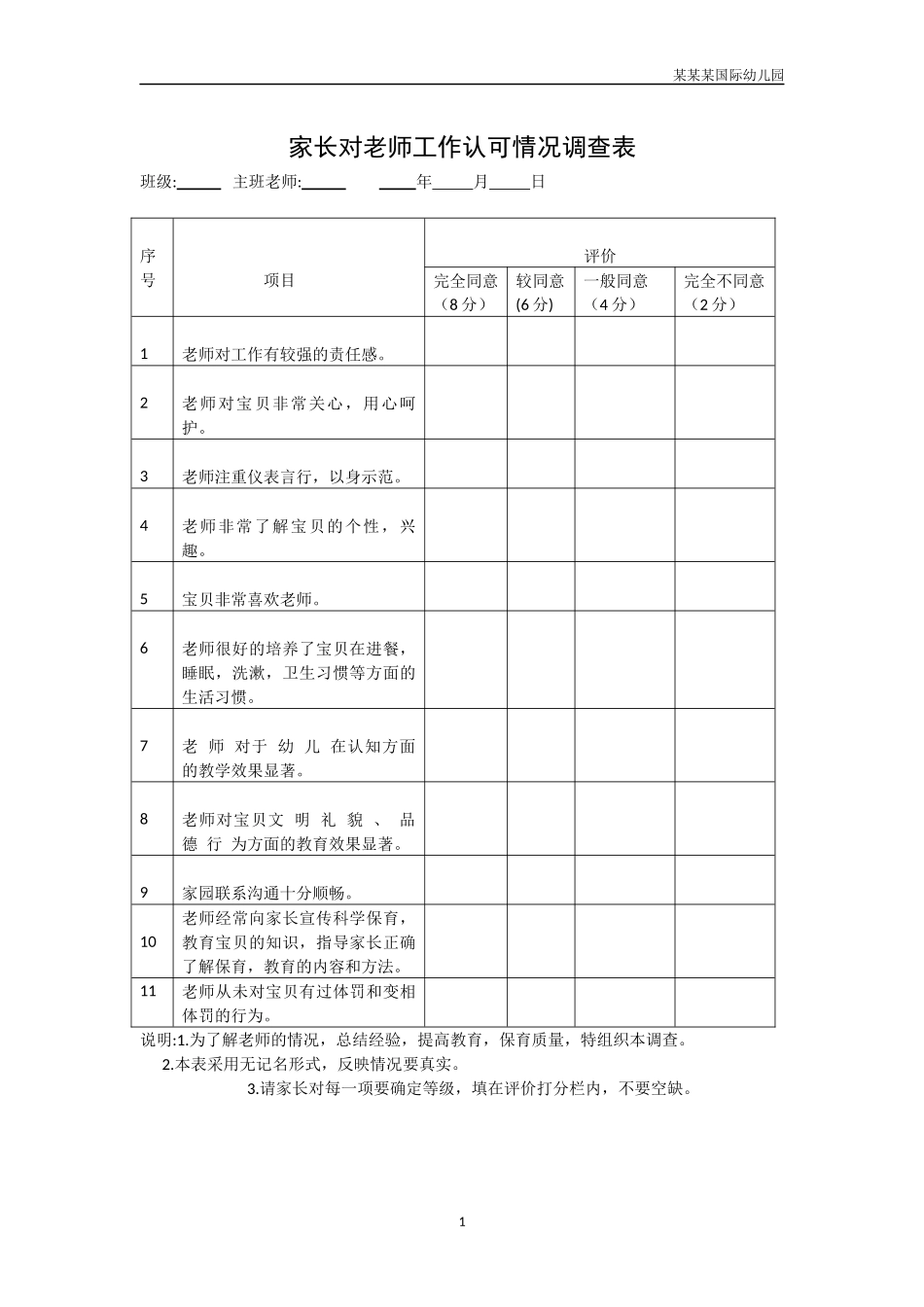 幼儿园常用表格-家长对教师工作认可情况调查表附-日常工作管理及绩效考核细则.docx_第1页