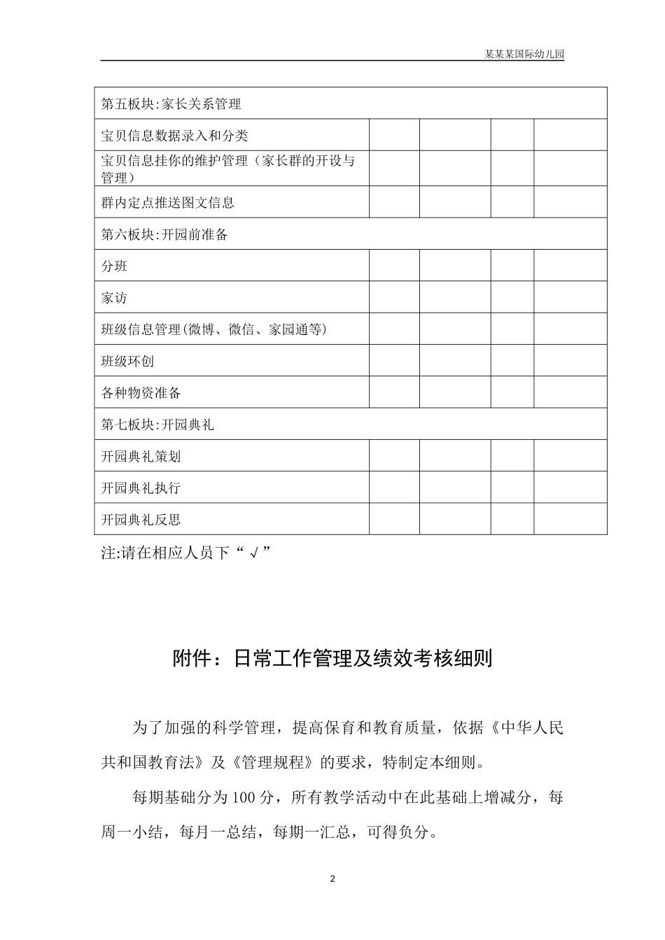 幼儿园常用表格-开园招生工作各岗位职责分工表附-日常工作管理及绩效考核细则.docx_第2页