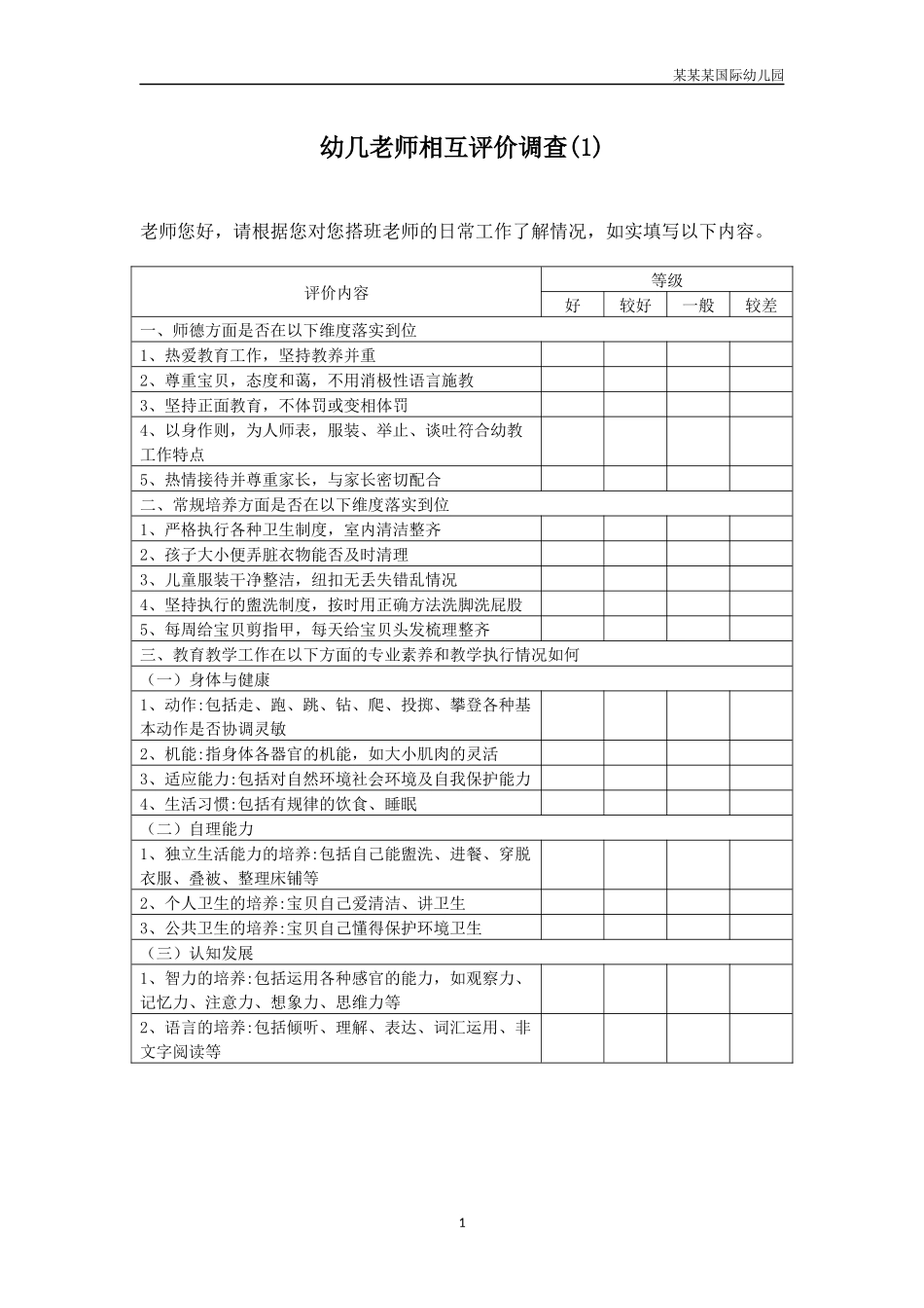 幼儿园常用表格-幼儿教师相互评价调查1附-日常工作管理及绩效考核细则.docx_第1页