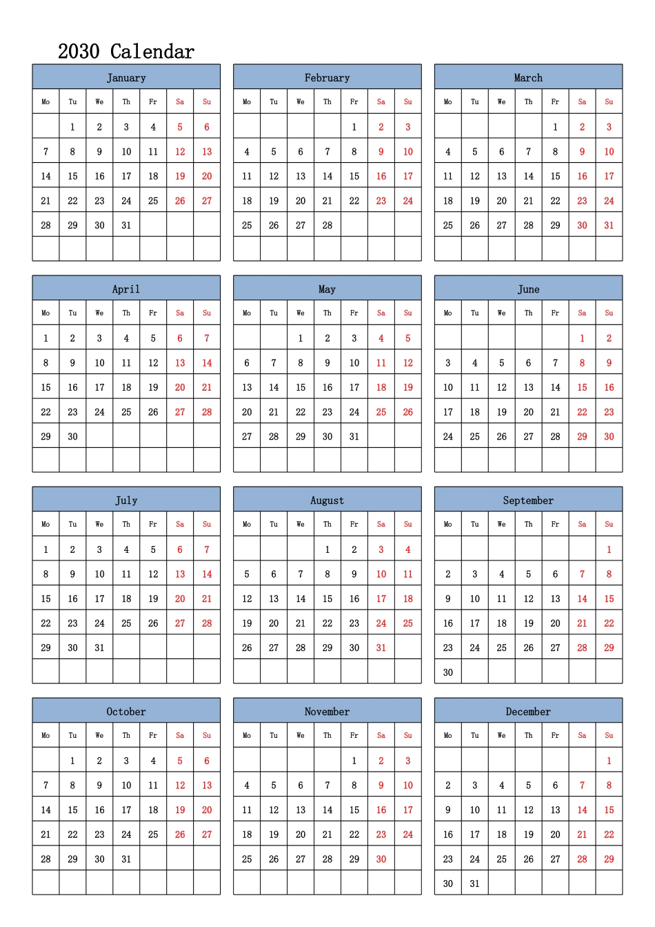 日历表2030年日历英文版纵向排版周一开始.pdf_第1页