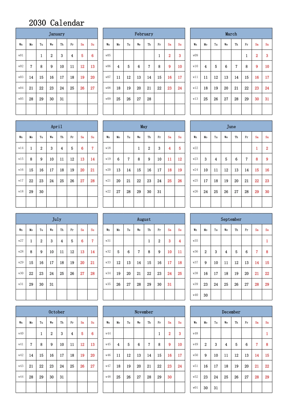 日历表2030年日历英文版纵向排版周一开始带周数.pdf_第1页