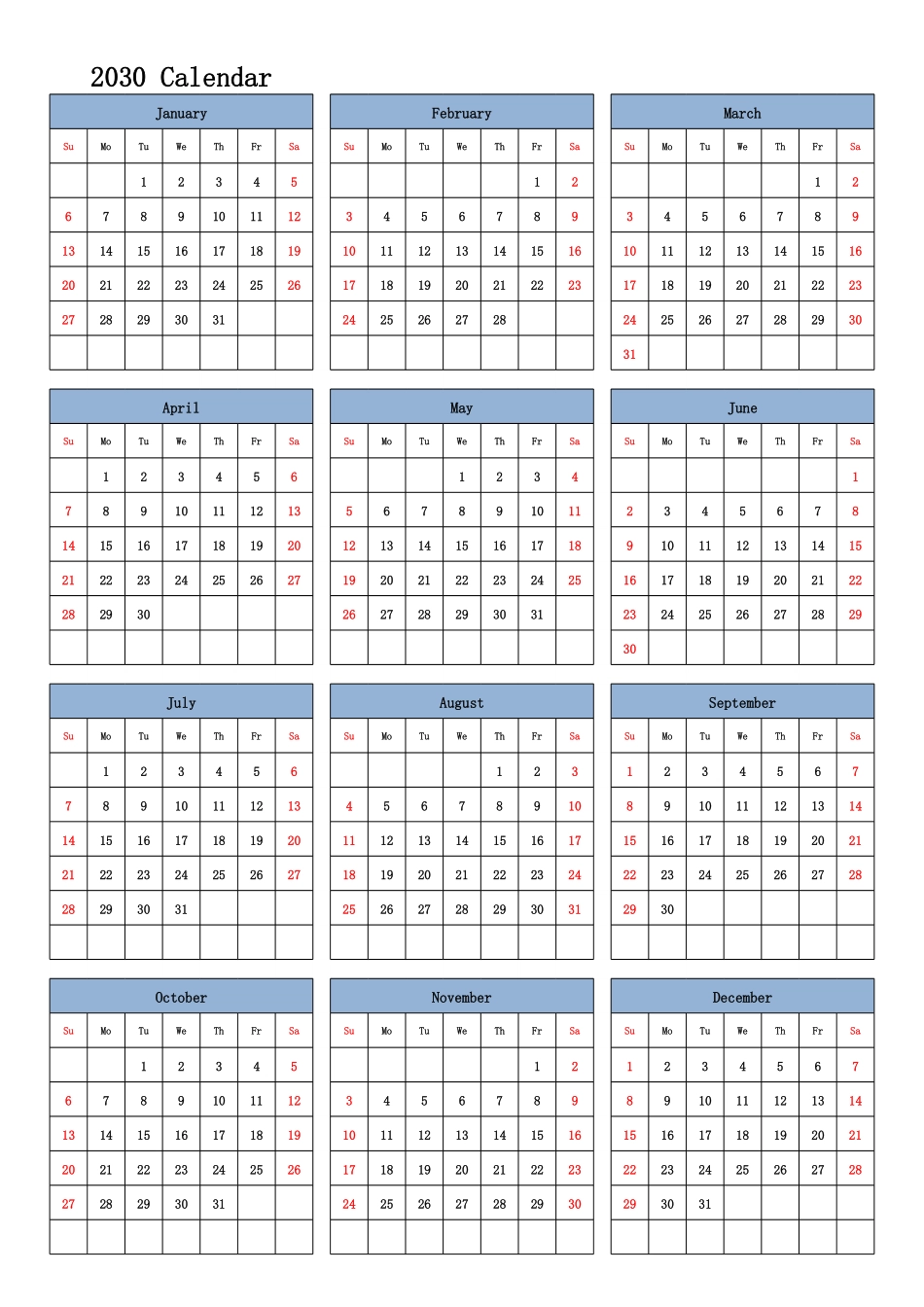 日历表2030年日历英文版纵向排版周日开始.pdf_第1页