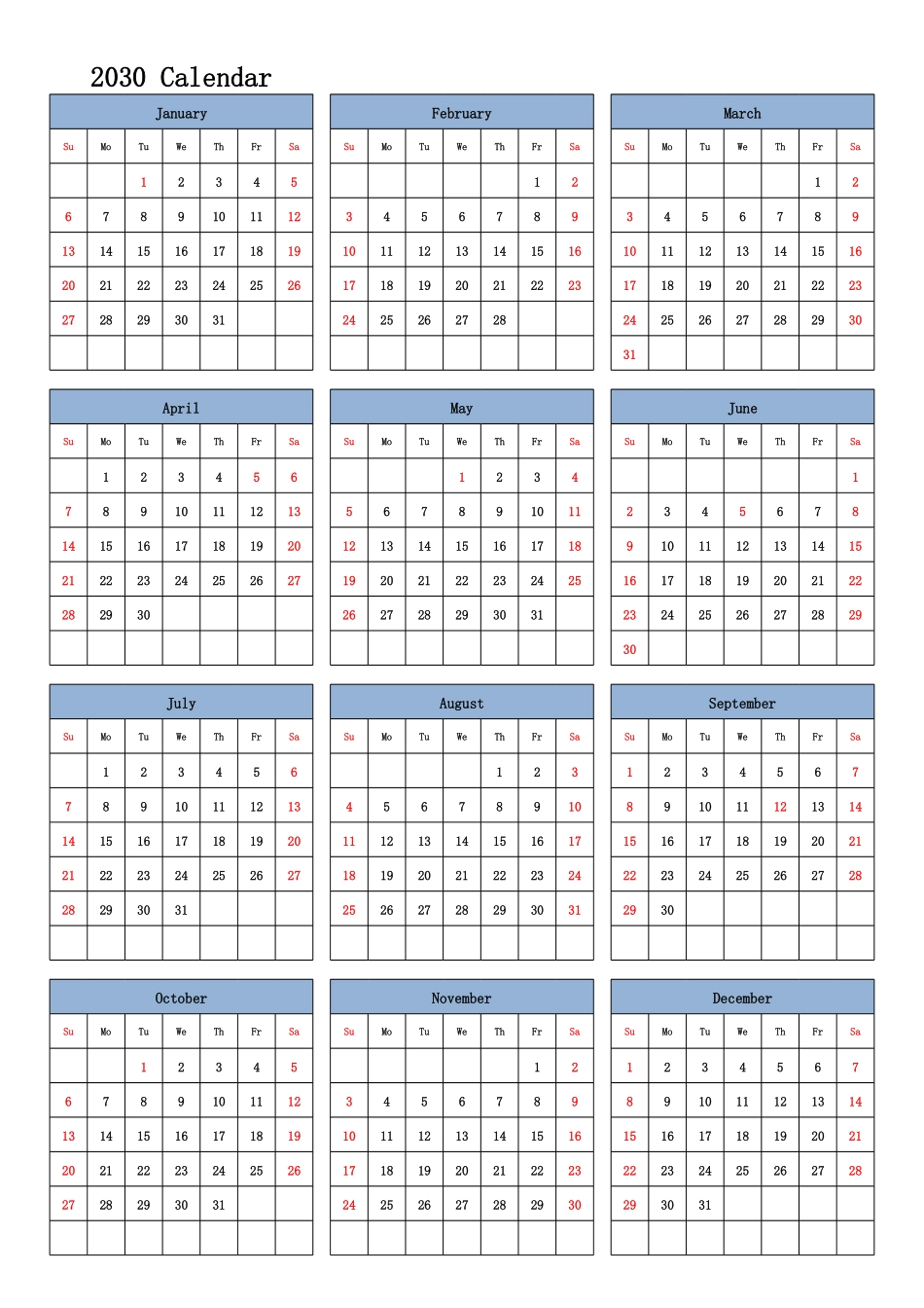 日历表2030年日历英文版纵向排版周日开始带节假日调休安排.pdf_第1页