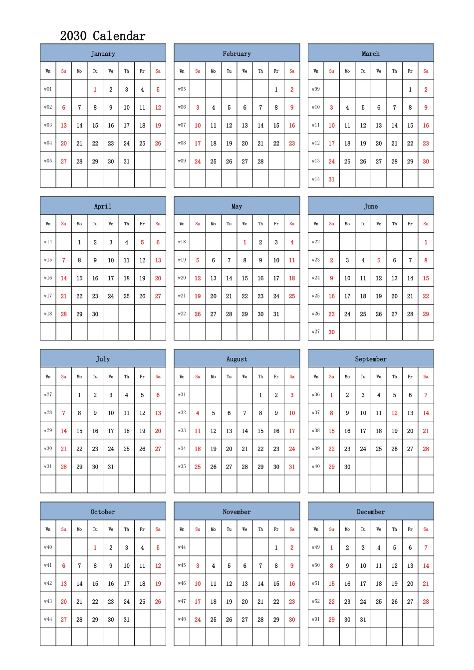 日历表2030年日历英文版纵向排版周日开始带周数带节假日调休安排.pdf_第1页