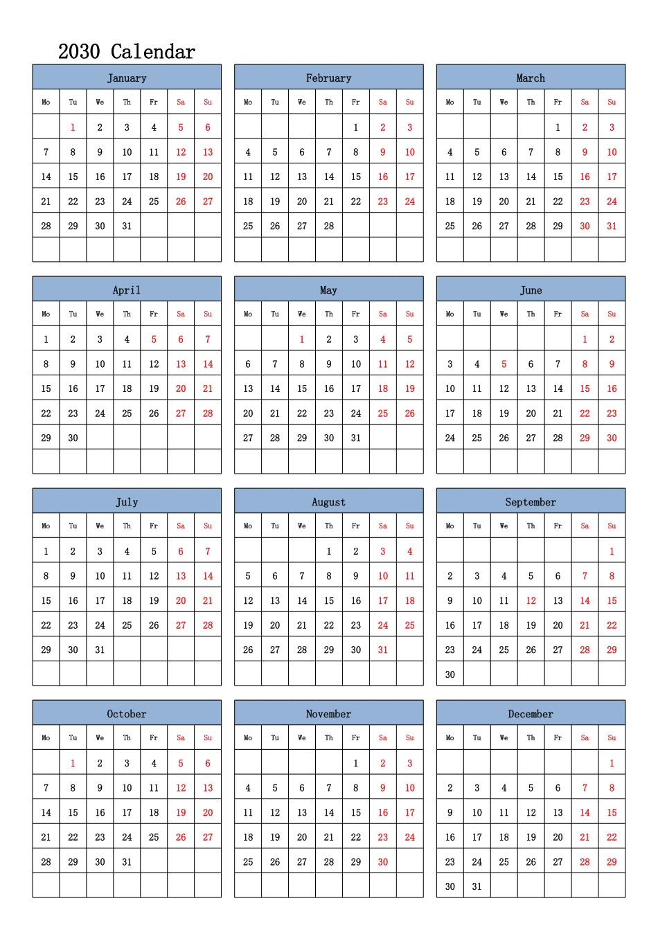 日历表2030年日历英文版纵向排版周一开始带节假日调休安排.pdf_第1页