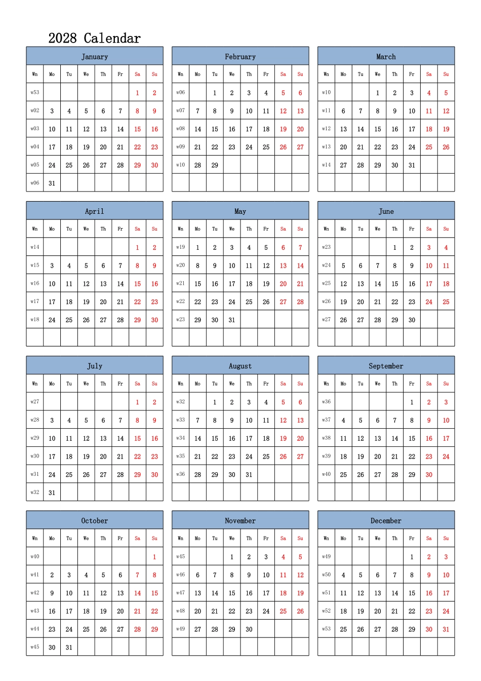 日历表2028年日历英文版纵向排版周一开始带周数.pdf_第1页