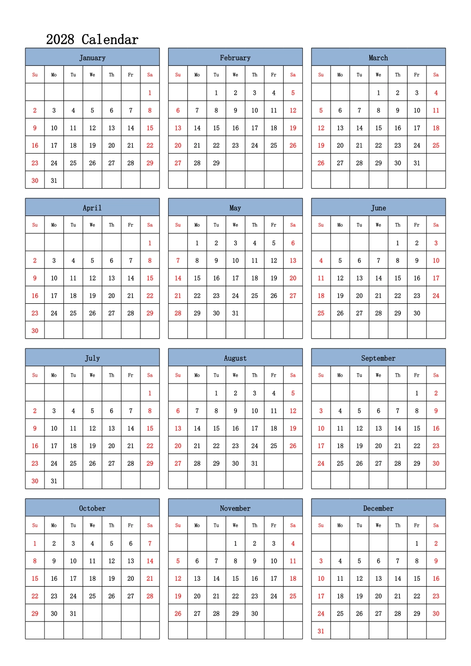 日历表2028年日历英文版纵向排版周日开始.pdf_第1页