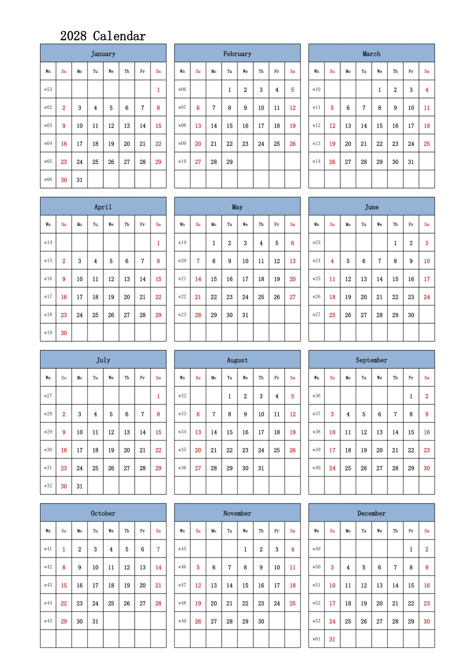 日历表2028年日历英文版纵向排版周日开始带周数.pdf_第1页