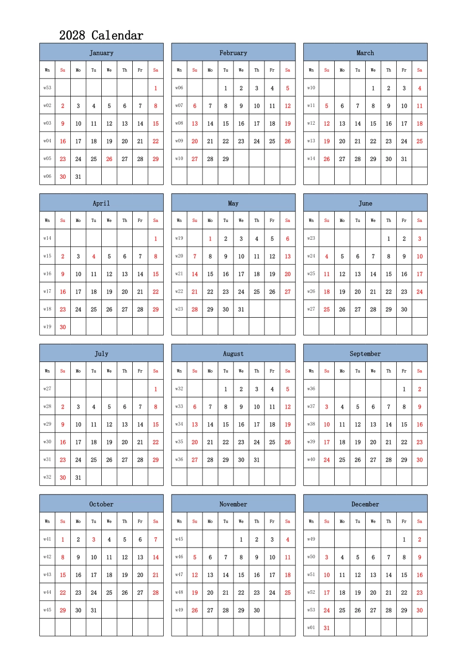 日历表2028年日历英文版纵向排版周日开始带周数带节假日调休安排.pdf_第1页