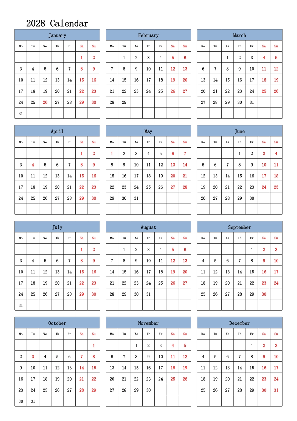 日历表2028年日历英文版纵向排版周一开始带节假日调休安排.pdf_第1页