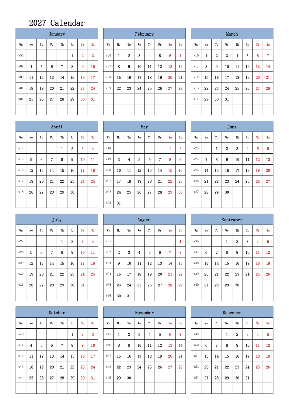 日历表2027年日历英文版纵向排版周一开始带周数.pdf_第1页