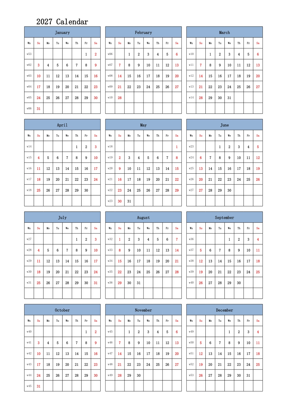 日历表2027年日历英文版纵向排版周日开始带周数.pdf_第1页