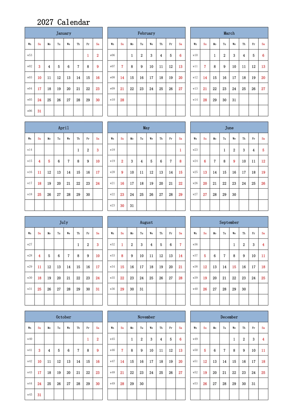 日历表2027年日历英文版纵向排版周日开始带周数带节假日调休安排.pdf_第1页