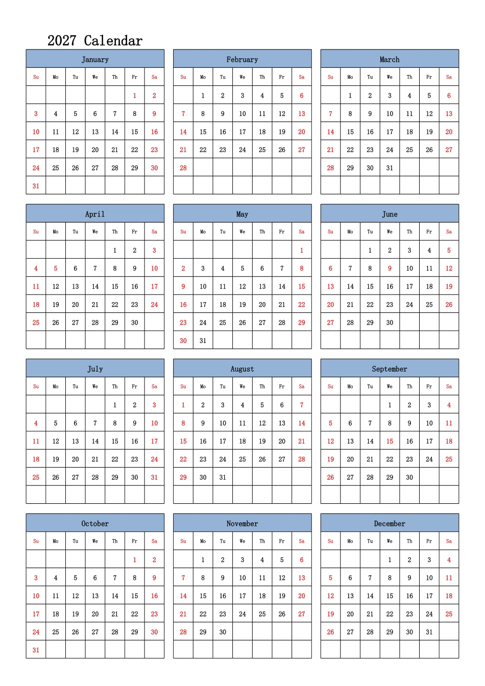 日历表2027年日历英文版纵向排版周日开始带节假日调休安排.pdf_第1页