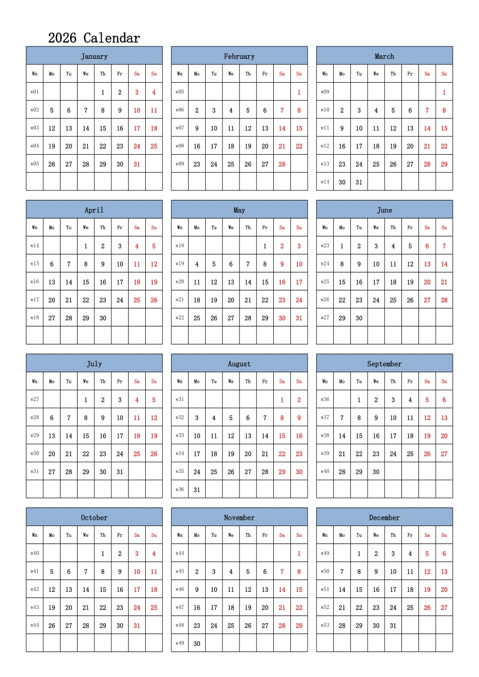 日历表2026年日历英文版纵向排版周一开始带周数.pdf_第1页