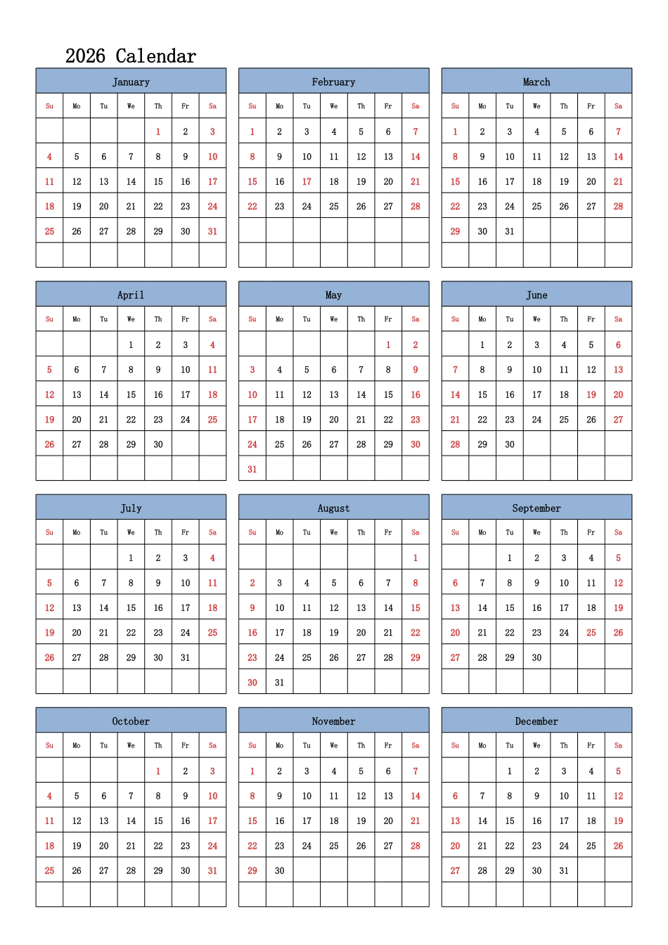 日历表2026年日历英文版纵向排版周日开始带节假日调休安排.pdf_第1页