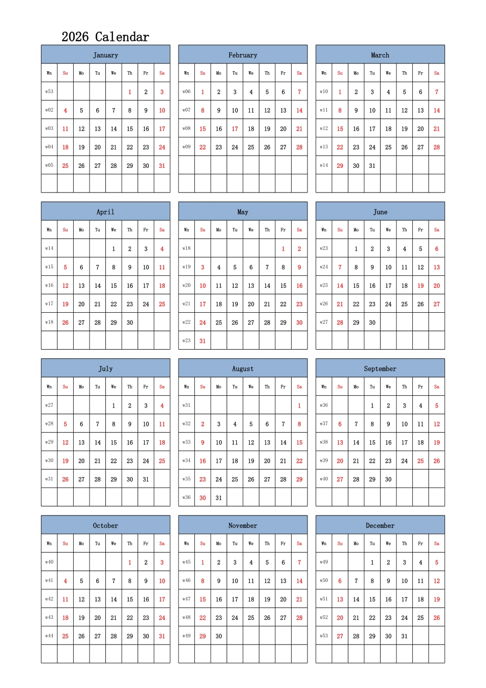 日历表2026年日历英文版纵向排版周日开始带周数带节假日调休安排.pdf_第1页