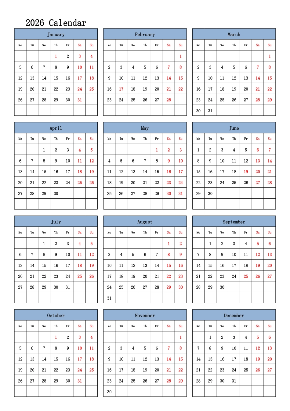 日历表2026年日历英文版纵向排版周一开始带节假日调休安排.pdf_第1页