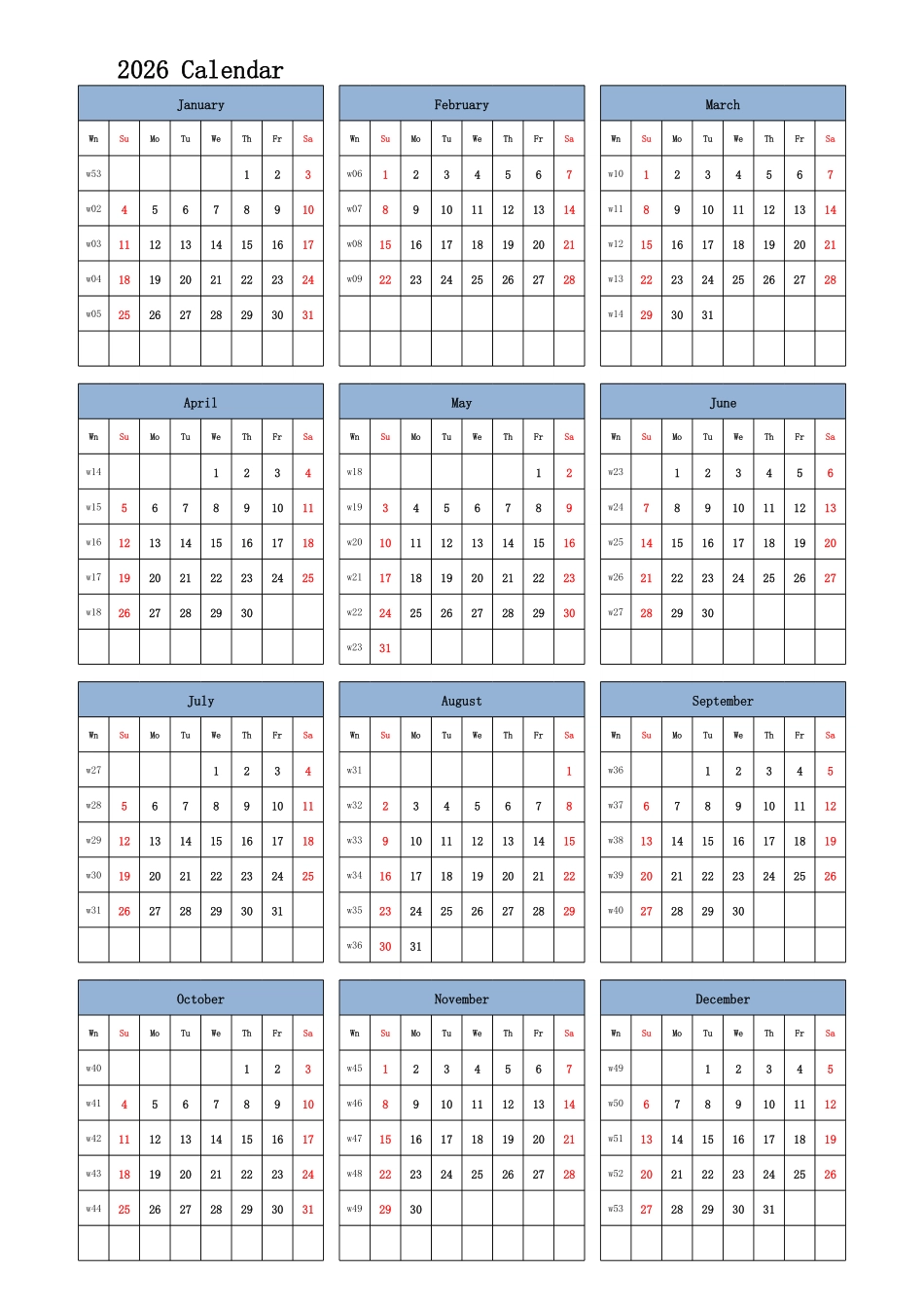 日历表2026年日历英文版纵向排版周日开始带周数.pdf_第1页