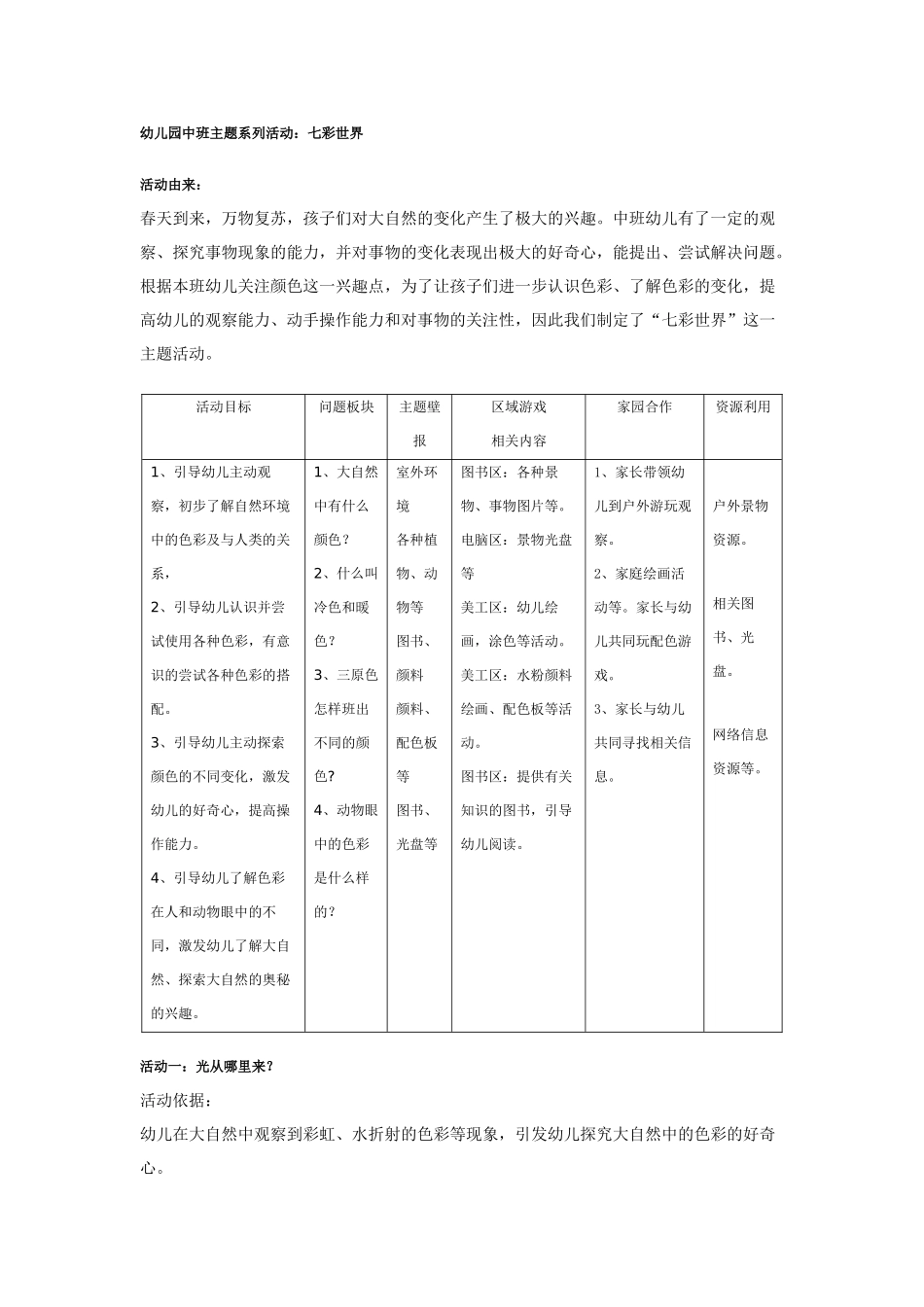 中班主题教案：幼儿园中班主题：七彩世界.doc_第1页