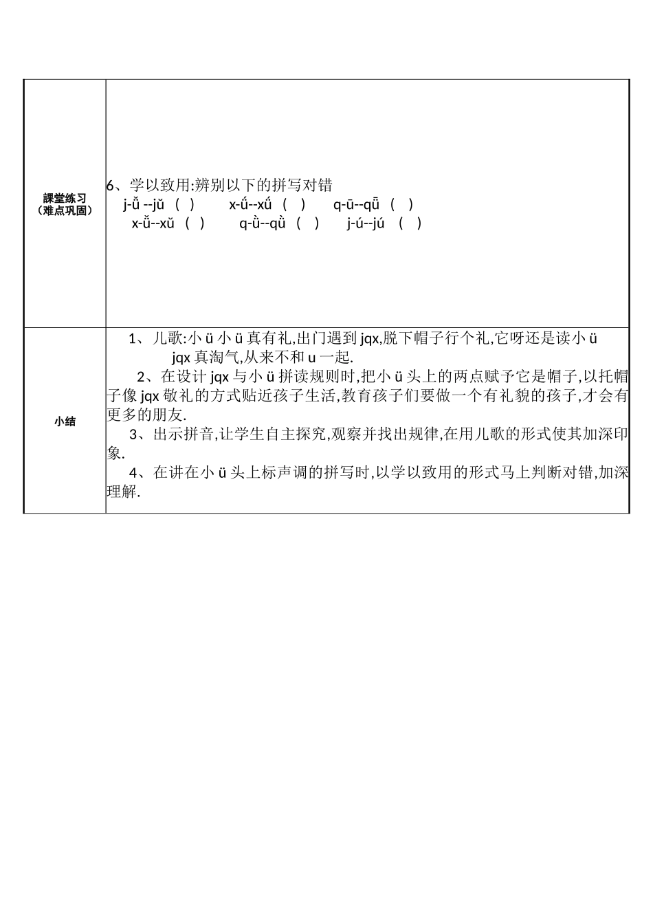 人教版部编版小学语文一年级上册jqx与ü相拼及拼写规则教学设计教案.doc_第2页