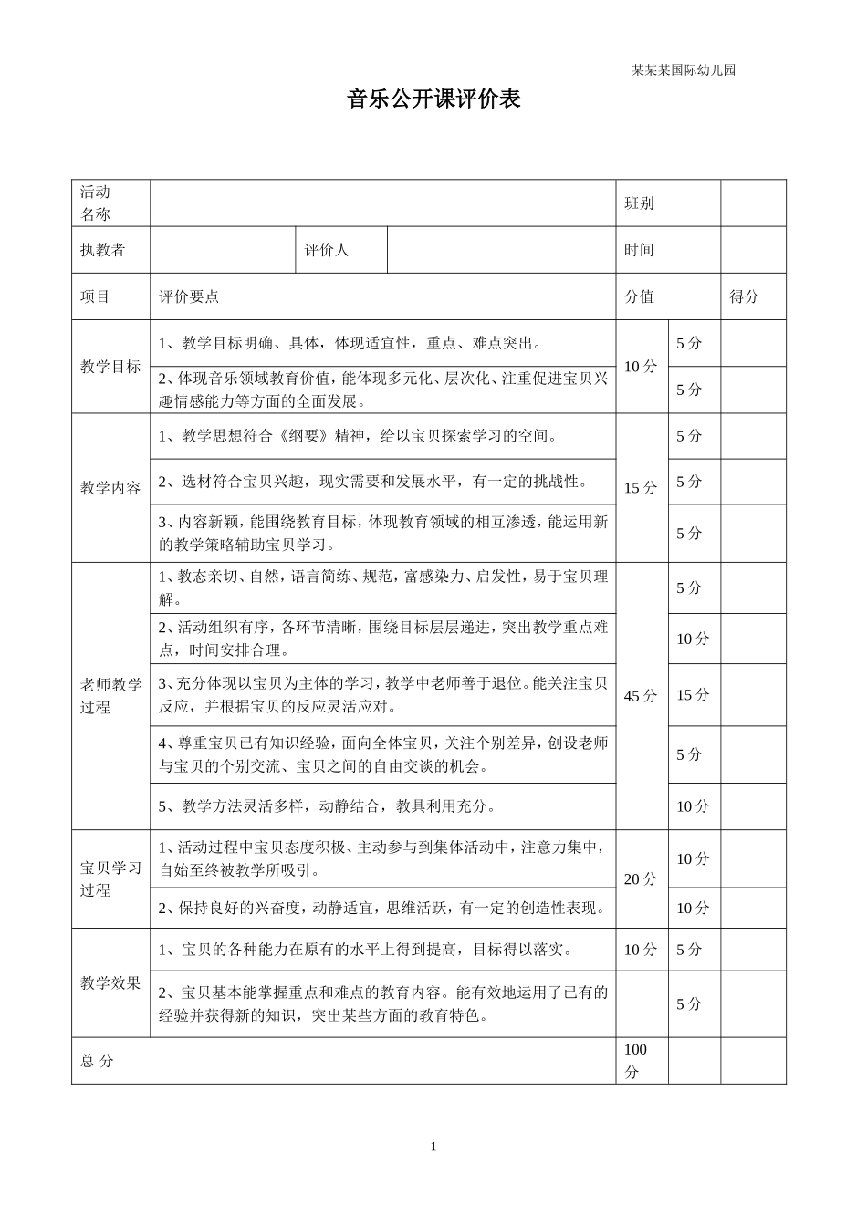 幼儿园常用表格-音乐公开课评价表附-日常工作管理及绩效考核细则.doc_第1页