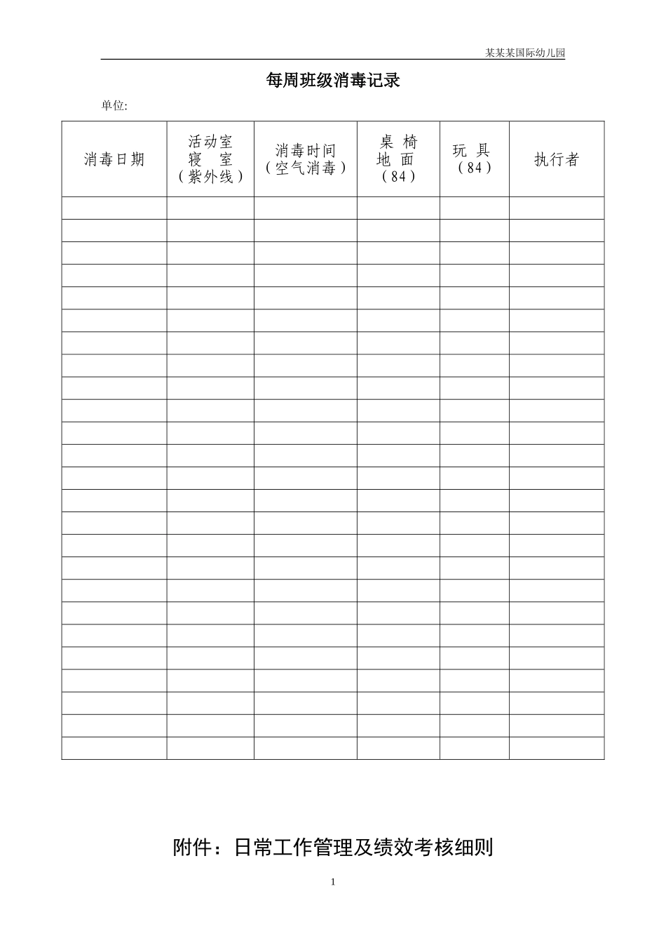 幼儿园常用表格-每周班级消毒记录附-日常工作管理及绩效考核细则.doc_第1页