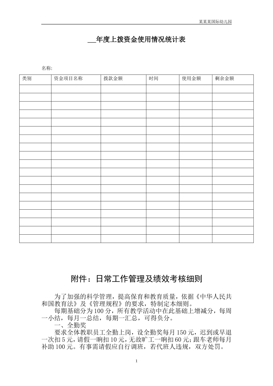 幼儿园常用表格-年度上拨资金使用情况统计表附-日常工作管理及绩效考核细则.doc_第1页