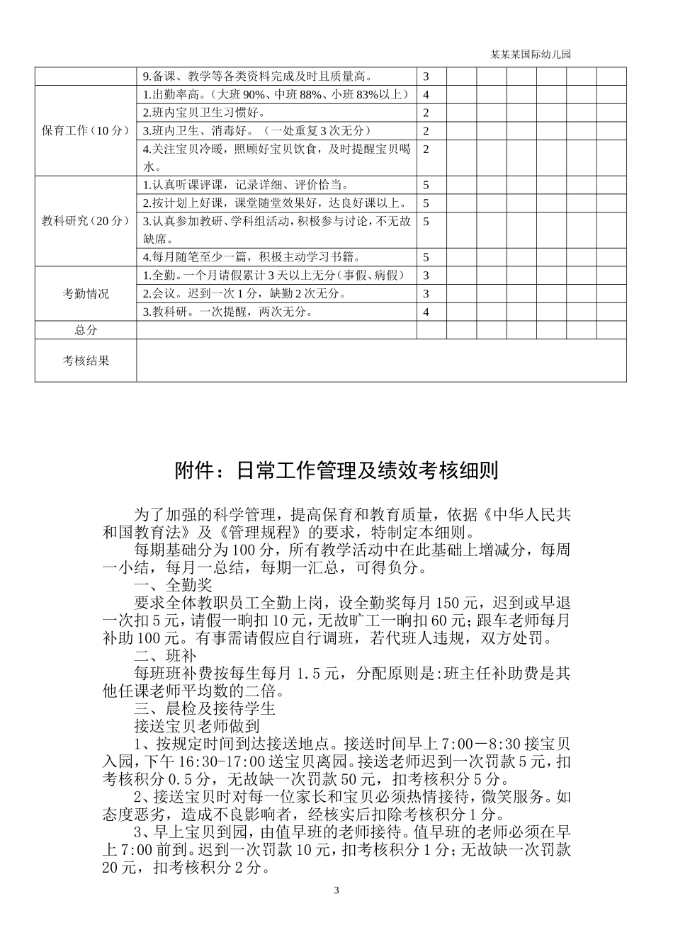 幼儿园常用表格-教师月考核表表附-日常工作管理及绩效考核细则.doc_第3页