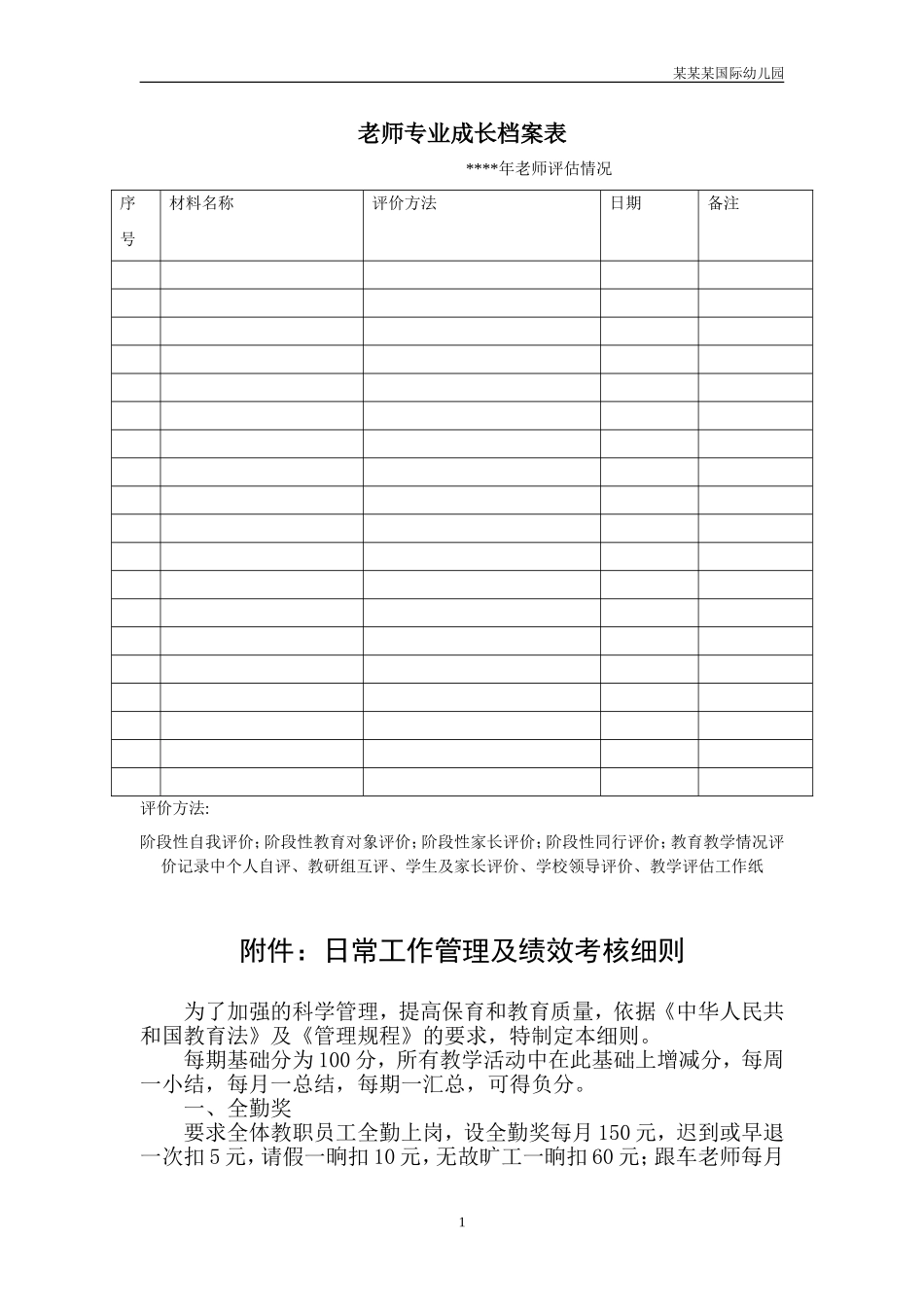 幼儿园常用表格-教师专业成长档案表附-日常工作管理及绩效考核细则.doc_第1页